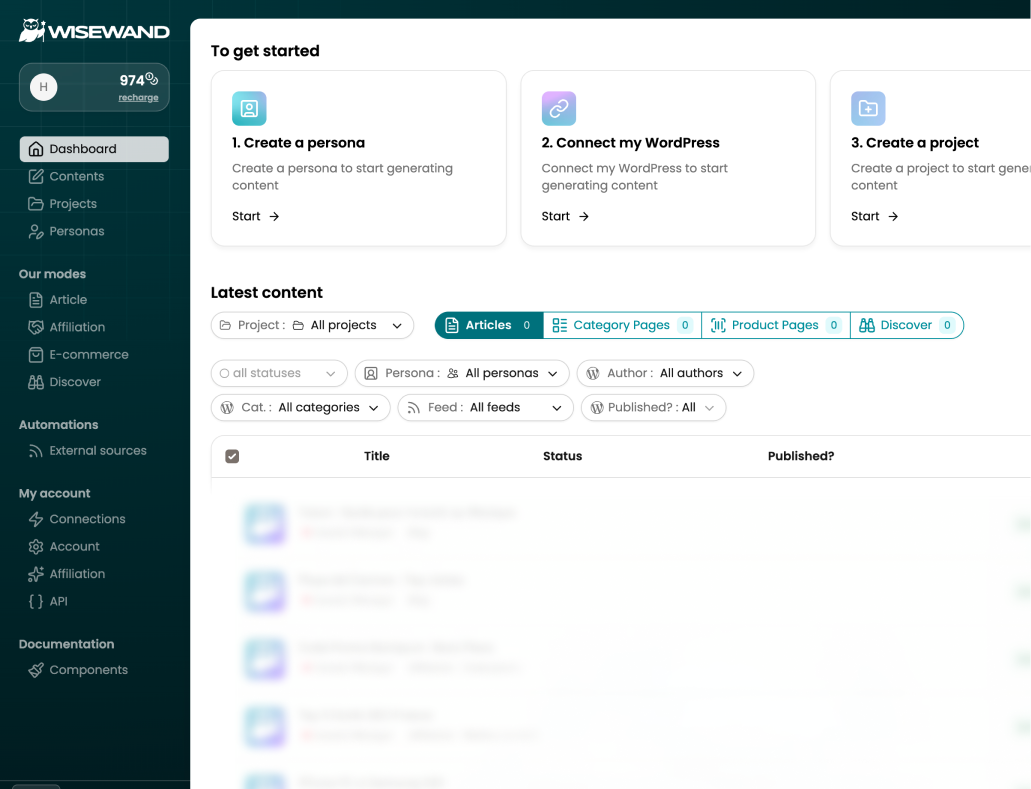 Interface Wisewand : tableau de bord de génération d'articles SEO