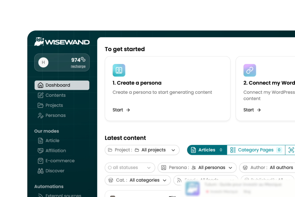 Interface Wisewand : planning éditorial et génération d’articles SEO